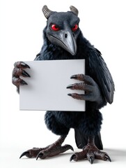 Naklejka premium Anthropomorphic crow holding blank sign on white background