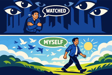 Fototapeta premium Comparing anxiety of being watched with self-acceptance, finding freedom from public scrutiny and embracing mental growth