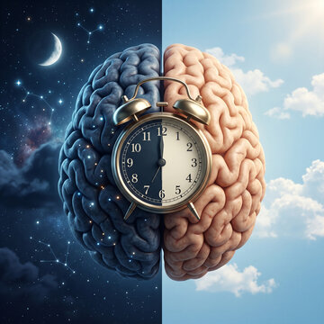 Human brain divided by clock for circadian rhythm concept with circadian psychology management neuroscience contrast alertness intelligence thinking metaphor schedule awareness function
