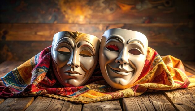 A dramatic still life showcases two theatrical masks, a gold and a silver one, resting on a vibrant fabric against a warm, blurred background, symbolizing comedy and tragedy.