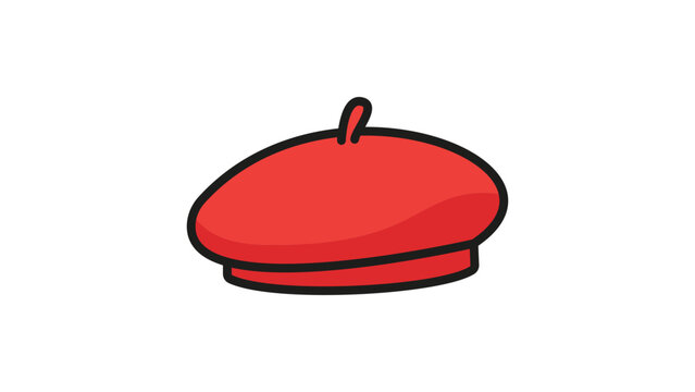 Red French Beret Hat Illustration, Modern Flat Vector Icon with Editable Stroke on White Background. Minimalist Hand-Drawn Design for Fashion, Culture, and Travel Graphics, Scalable SVG Graphic.