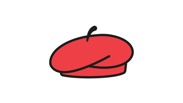 Red French Beret Hat Vector Icon Illustration with Editable Stroke. A minimalist hand-drawn flat design of a soft round artist cap, perfect for fashion, travel, and culture-themed projects.