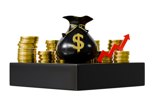 3d money bag coin stack icon. investment growth concept. minimal dollar podium gold arrow wealth for finance business web app. isolated on white transparent background. 3d render.
