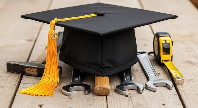 A black graduation mortarboard with a yellow tassel sits atop several metal construction tools on a weathered wooden workshop surface, craft, school, maintenance