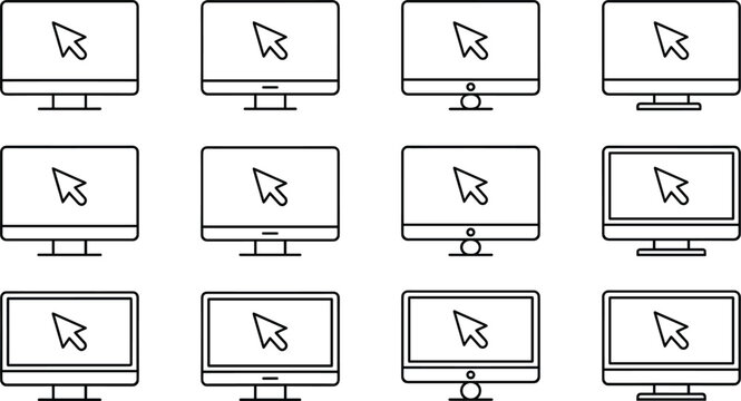 Computer monitor icons set desktop screen cursor display technology outline vector isolated design elements collection