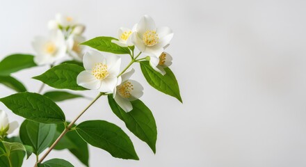 Fototapeta premium A detailed close up of a jasmine branch featuring delicate white blossoms and vibrant green leaves against a soft, blurred background, flora, summer, flower