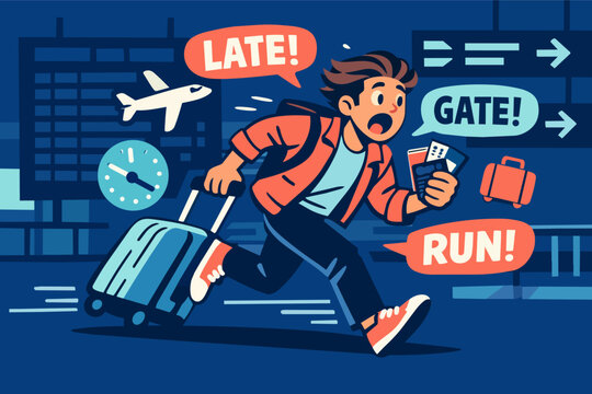 Stressed traveler running late for a flight, hurrying with suitcase and boarding pass through an airport terminal