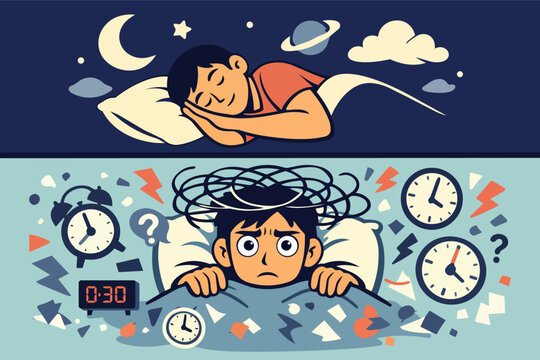 Person experiencing good deep sleep and struggling with insomnia, late night anxiety, stress, and restless awakening