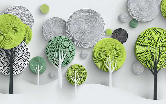 A minimalist 3D design featuring stylized green trees with intricate, lacy canopies set within layered white circles and gray rings, creating a clean, modern paper-cut aesthetic.