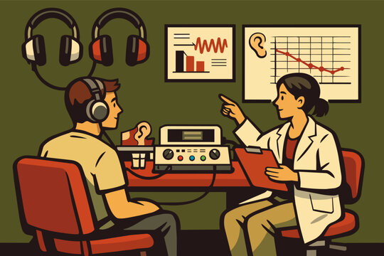 Audiologist performing hearing test on patient in clinic, checking ear health and diagnosing potential hearing loss