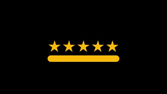 Clean 4K animation of a five star rating interface with golden stars and a rounded progress bar on a black background.