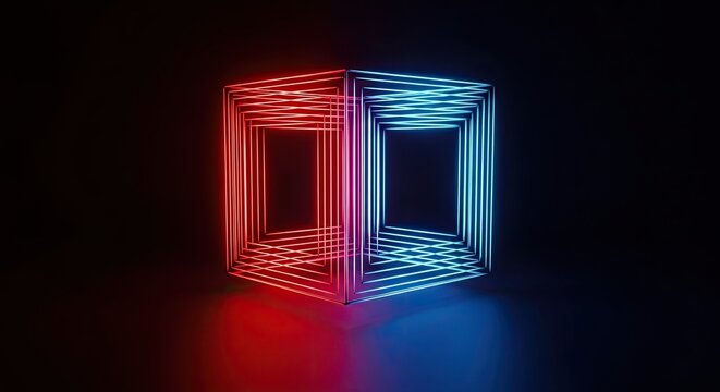 Abstract neon cube design with red and blue glowing lines on black background