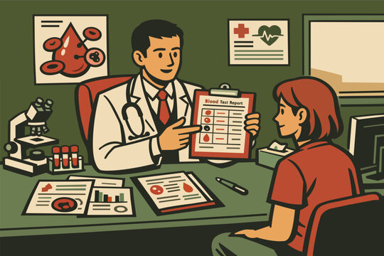Doctor explaining blood test report to patient, discussing medical diagnosis, lab results, and healthcare at clinic