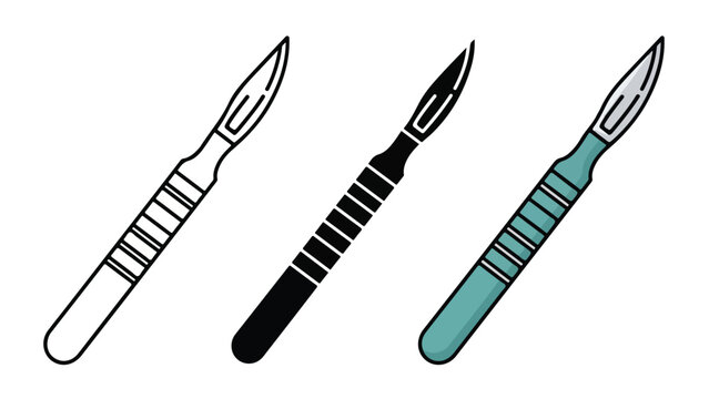 set of three surgical scalpel icons - Minimalist, flat icon, outline, glyph, linear, clipart, sticker - icon set