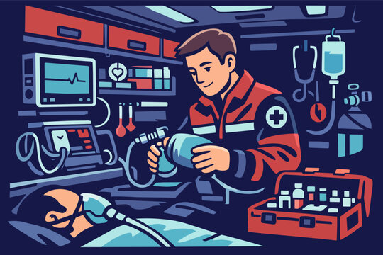 Paramedic assisting critical patient with medical equipment inside emergency medical service ambulance