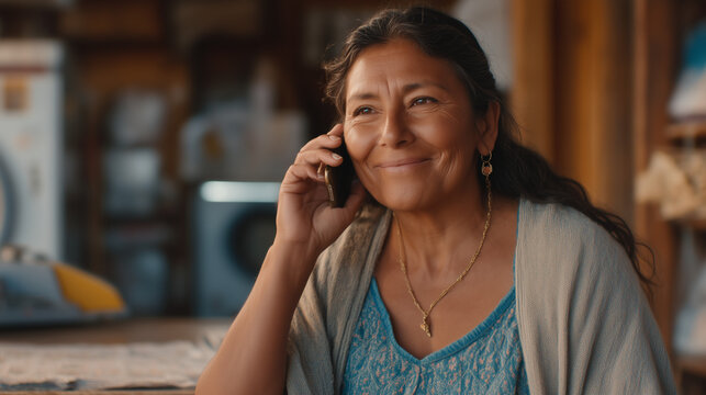 Salvadoran woman video-calling family on cracked phone screen in laundromat, homesick smile that doesn't reach eyes, foreign currency and local coins mixed in change dish nearby, immigrant experienc