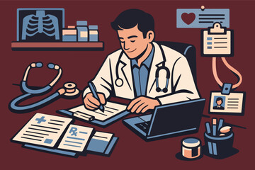 Fototapeta premium Doctor writing medical notes at clinic desk, managing patient records, prescriptions, and healthcare data