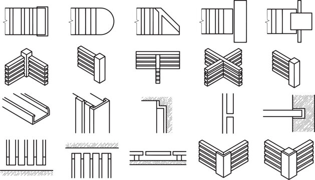 Diverse and detailed architectural drawings showcase a variety of design of structural elements, revealing the intricacies of building construction.