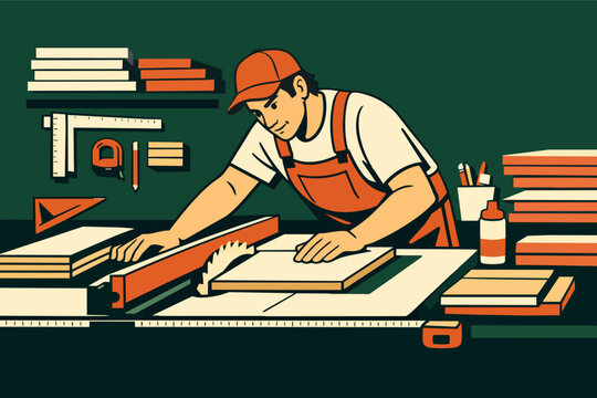 Professional carpenter cutting wood plank using a table saw in a home workshop, demonstrating expert woodworking