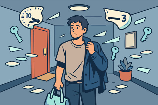 Man experiencing confusion and memory loss in a hallway, forgetting keys and time, reflecting cognitive decline