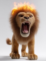 Obraz premium Young lion roaring with flaming mane on plain background