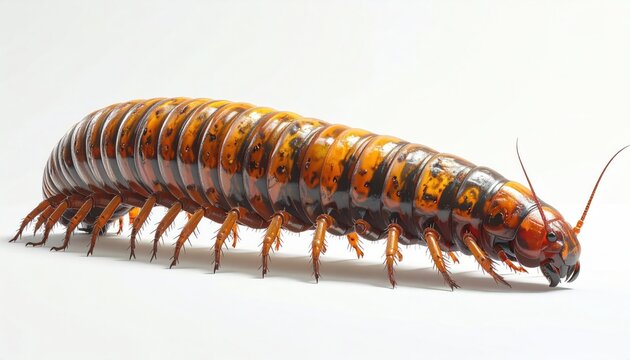 Close-up of a Harpaphe haydeniana millipede crawling on a white surface.