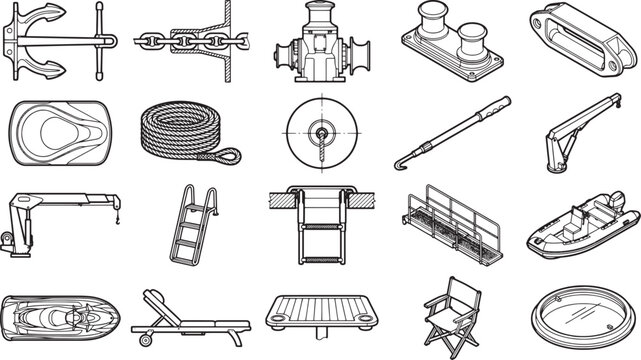 Nautical equipment icons arranged for a comprehensive overview of maritime tools and accessories.