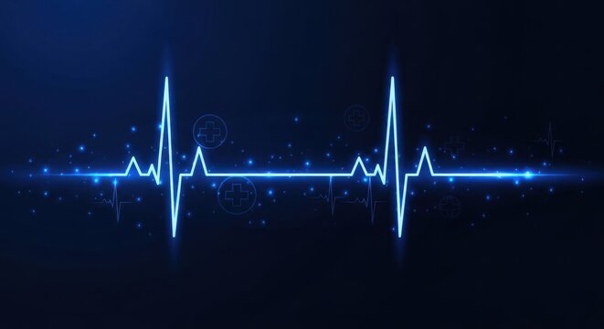 Glowing blue electrocardiogram line on dark background with crosses
