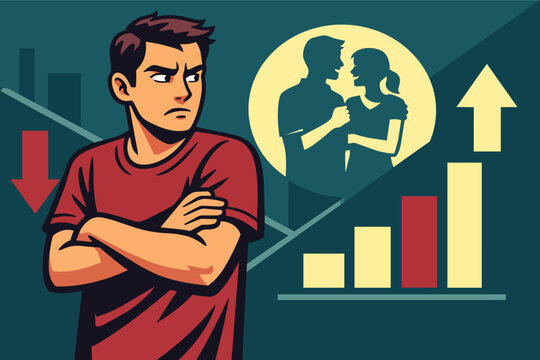 Man crossing arms with frustrated expression, comparing his life's downward trend to a happy couple's upward success