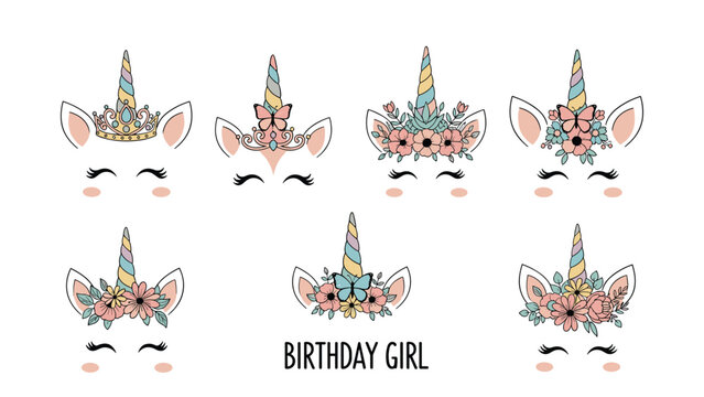 Set of adorable unicorn faces with floral crowns, butterflies, and tiaras specially designed for birthday girl celebrations.