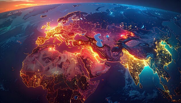 A vibrant, digitally rendered view of Earth at night showcases illuminated continents of Europe.