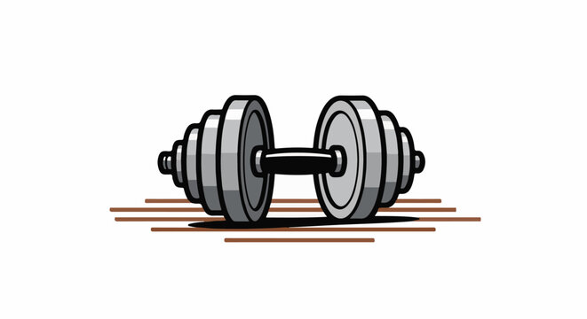 A stylized dumbbell rests on a simple wooden floor, evoking fitness and strength