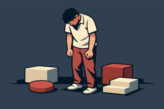 Young man feeling defeated and sad, standing among scattered building blocks symbolizing project failure and setbacks