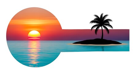 Obraz premium Tropical sunset over ocean with island and palm tree silhouette
