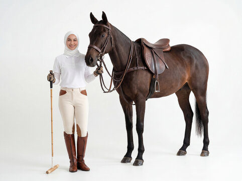 Elegant Muslim Woman Polo Player in Crisp White Hijab Wearing White Long Sleeve Polo Shirt and Cream Breeches with Brown Leather Knee Patches and Tall Brown Polo Boots Holding Wooden Polo Mallet Stand