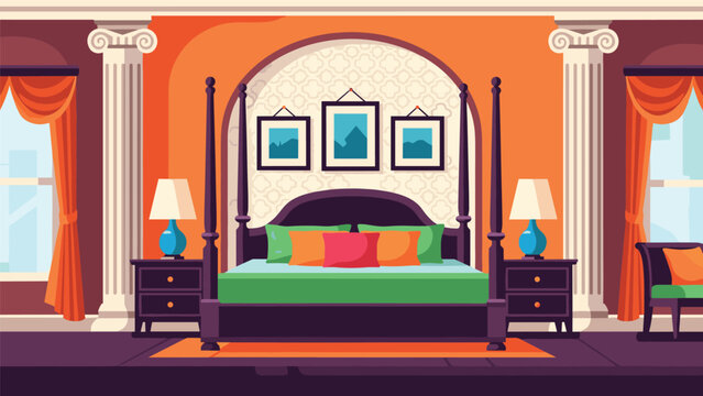 Elegant classic bedroom interior design featuring a large canopy bed, grand architectural pillars, and rich color palette.