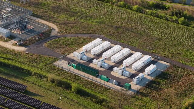 Aerial view of CATL battery energy storage array at Tiln solar farm