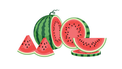 Naklejka premium Refreshing illustration of a whole watermelon, halves, and various slices for summer and healthy food concepts.
