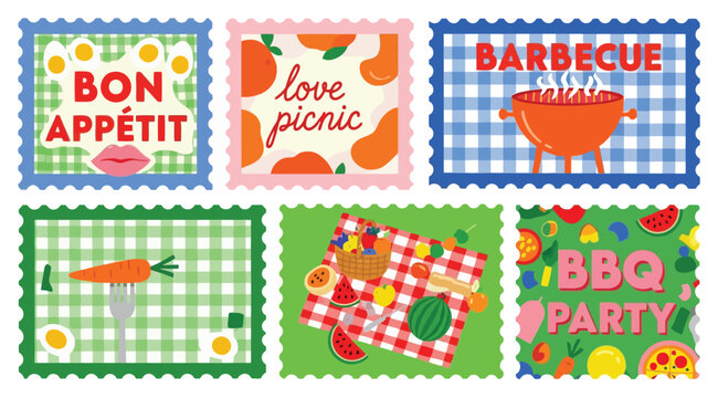 Set of colorful picnic and barbecue themed postage stamps with food illustrations
