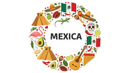 Fototapeta premium Circular wreath composition showcasing diverse Mexican cultural symbols, food, landmarks, and instruments with MEXICA text.
