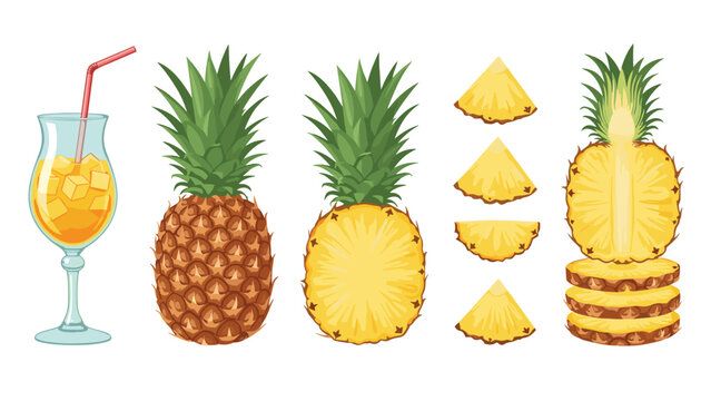 Beautiful tropical set of fresh pineapples, slices, and a glass of refreshing pineapple juice with ice and a straw.