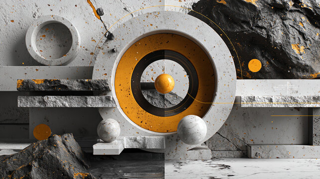 Abstract geometric artistic sculpture featu spheres circles and contrasting textures in monochrome with pop of yellow