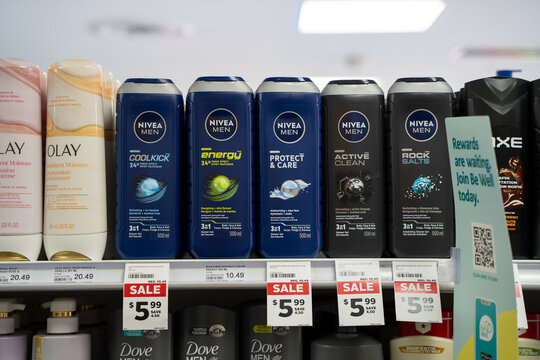 Close up of Nivea Men body wash products on store shelf with sale tags. Toronto, Canada - April 19, 2026.