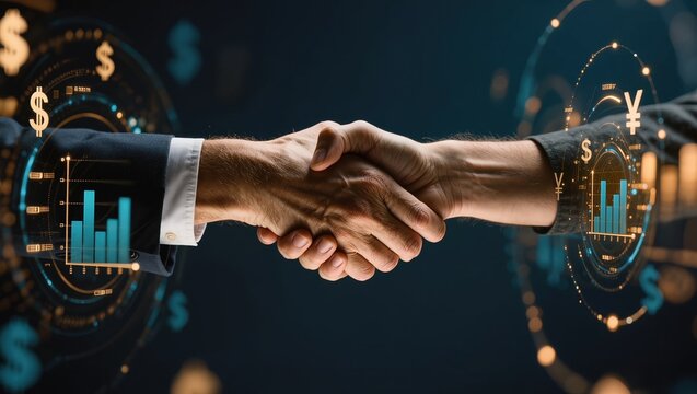 Global Financial Collaboration A Digital Agreement Signified by a Handshake Amidst Currency Symbols and Graphical Data