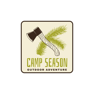 Camp season patch vector illustration with axe and pine branch outdoor adventure emblem vintage design for t shirt print sticker isolated background