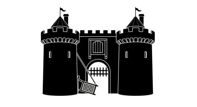 Black and white castle gate illustration.
