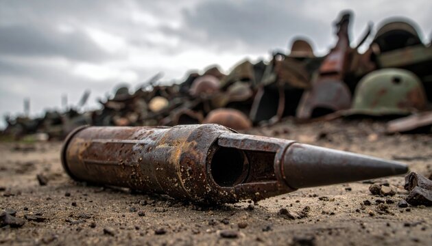 A heavily rusted, broken piece of metal resembling a rudimentary weapon lying in the dirt, a historical artifact showing signs of decay