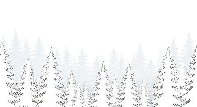 Seamless winter forest border with evergreen pine trees