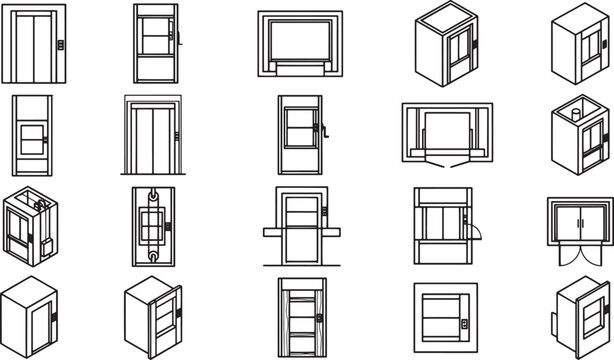 An assortment of intricately detailed line-art illustrations, showcase various doors and elevators, each providing a unique perspective and design element. 