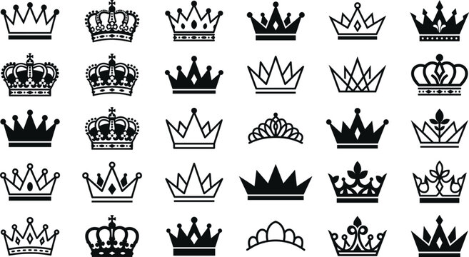 Crown icons set collection royal symbols king queen tiara monarchy outline silhouette vector isolated design elementsCrown icons set collection royal symbols king queen tiara 